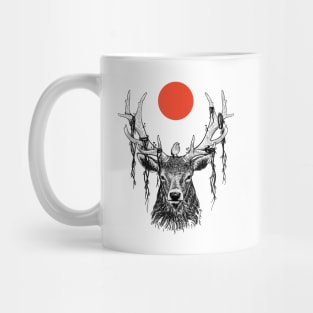 deer in wildlife with cute bird and red moon Mug